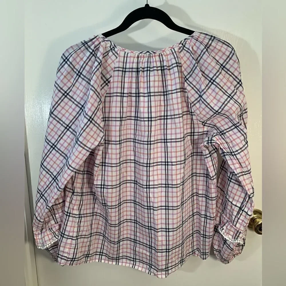 J. Crew EUC white/black/purple plaid ruffled balloon sleeve blouse Size Medium
